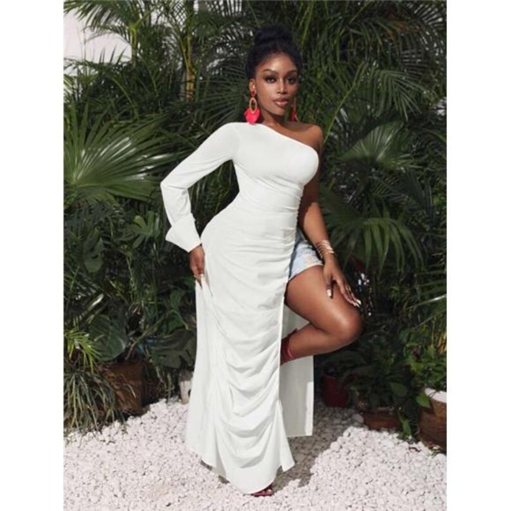 Super Long Top With One Shoulder, Long Sleeve, High Side Slit, Ruched Waistband - Picture 4 of 7